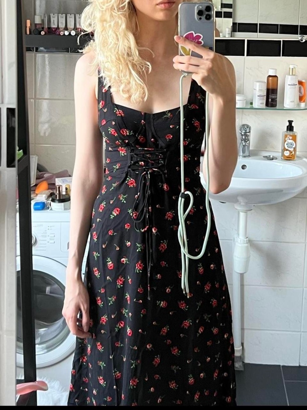 Black Floral Lace-Up Sundress